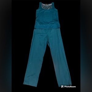 Vintage Ellen Tracy Turquoise 2 Piece Sleeveless Top and Linen Blend Pan…